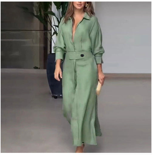 V-neck Long Sleeve Lapel Dress For Women Fashion Slim Long Dress