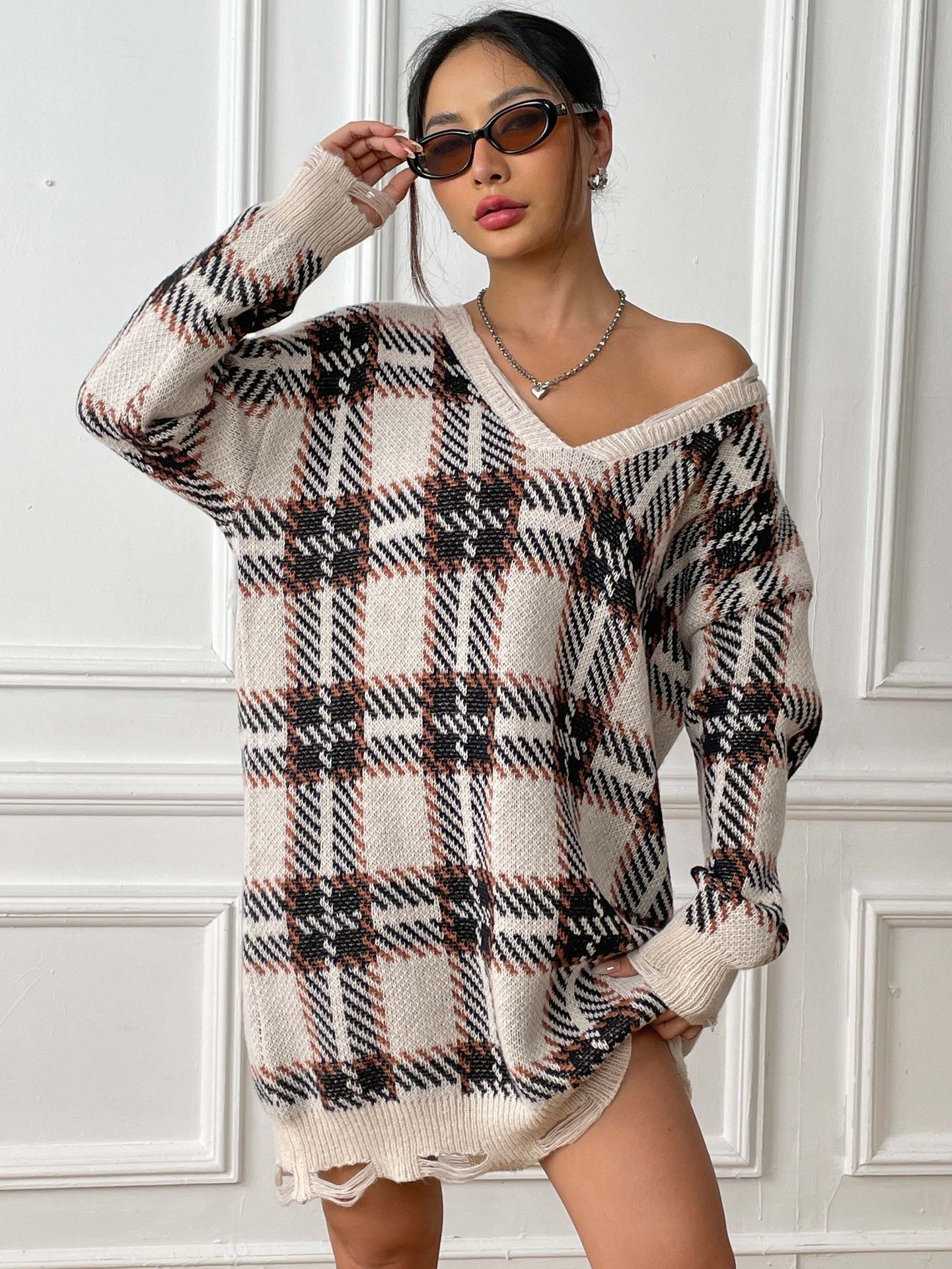 Fashion V-neck Plaid Dress Casual Loose Long-sleeved Dresses Autumn And Winter Women's Clothing