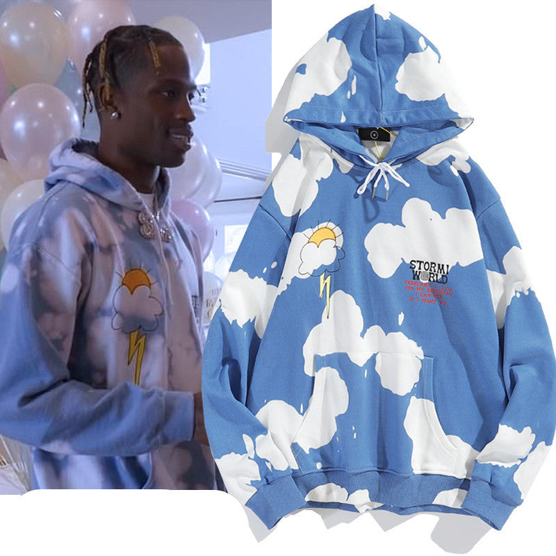 Kanye Blue Sky And White Clouds Tie-Dye Hooded Sweater Ins Men And Women Oversize Hoodie