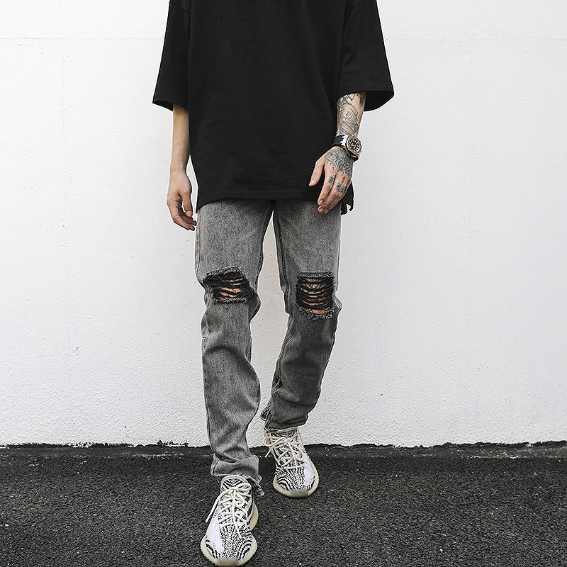 European And American High Street Wind-Washed Water Distressed Gray Ripped Zipper Slim-Fit Jeans With Small Feet Kanye Hip-Hop Trousers Trendy Men