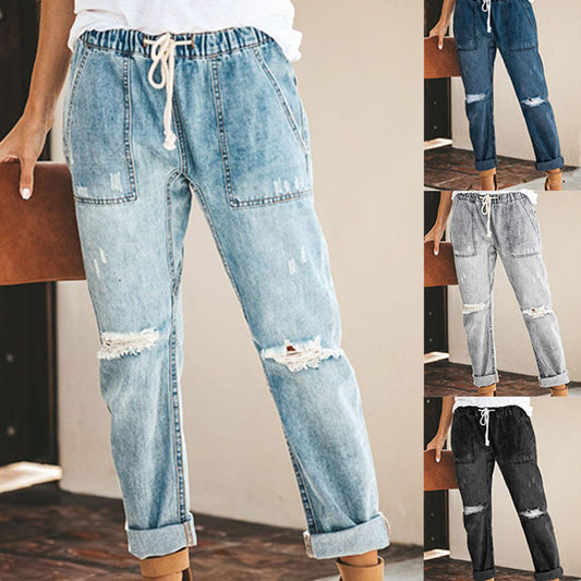 Straight Ripped Jeans For Women Drawstring Trousers With Pockets Fashion Pants