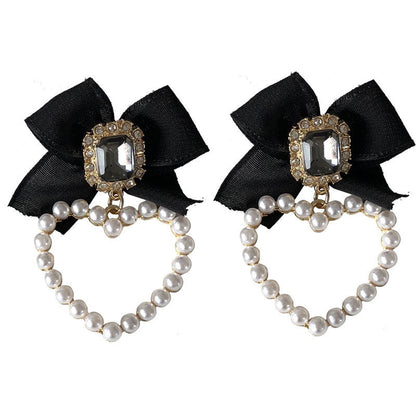 Silver Needle Temperament Retro Hepburn Style Earrings Sweet Cool Black Bow Earrings Love Pearl Earrings