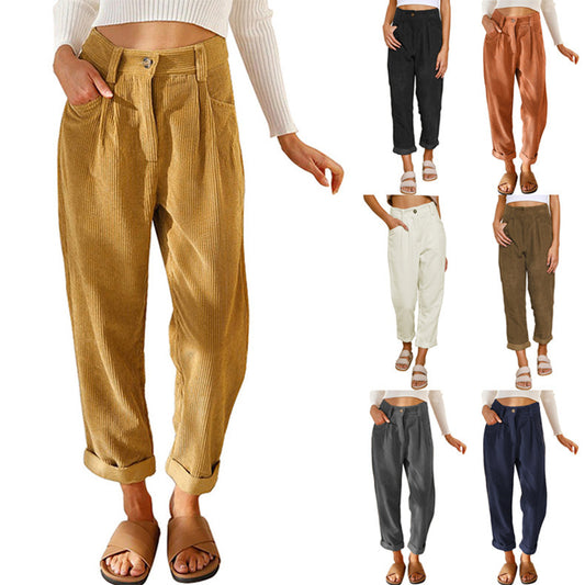 New Women's High Waist Pure Color Corduroy Casual Pants