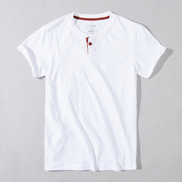 Half-open Slub Cotton Solid Color Half Sleeve T-shirt