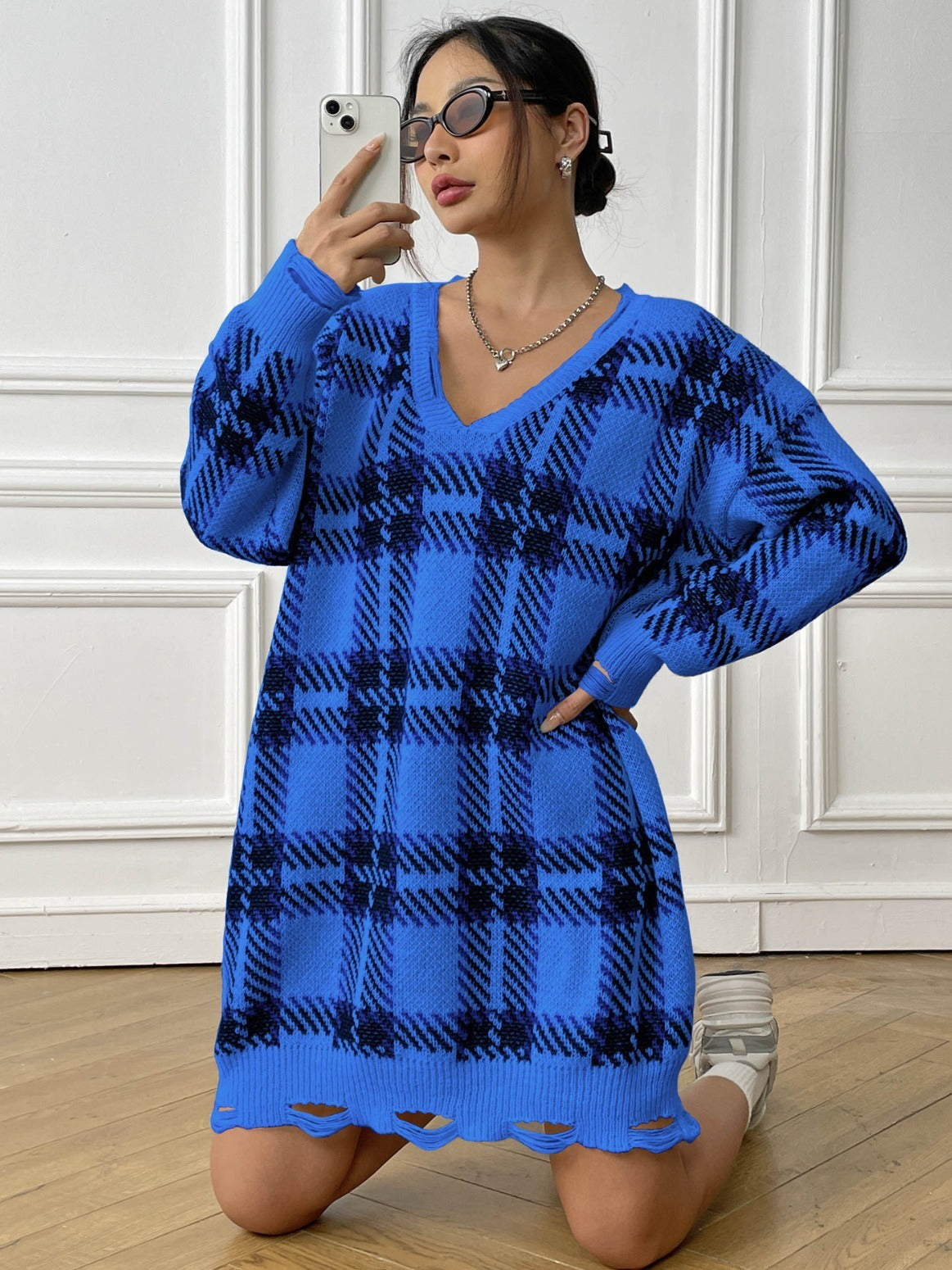 Fashion V-neck Plaid Dress Casual Loose Long-sleeved Dresses Autumn And Winter Women's Clothing