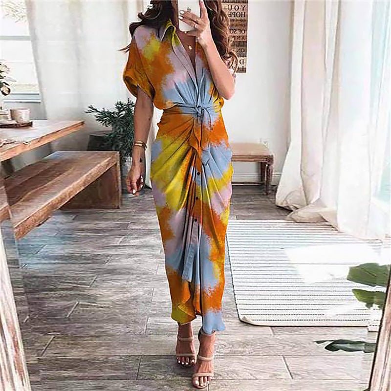 Women's Fashion Printed Temperament Loose Casual Lace-up Dress