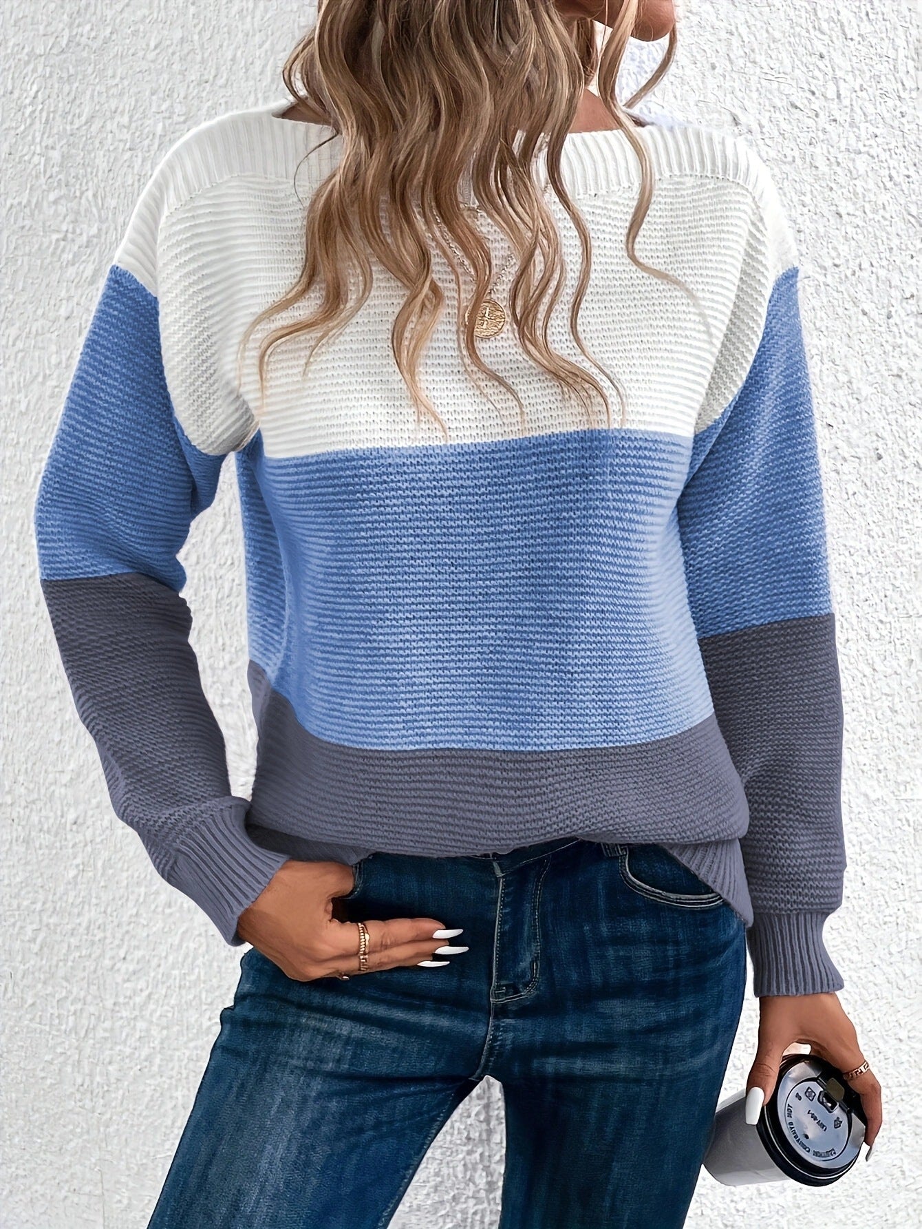 Pullover Knitted Sweater Fashion Round Neck Splicing Knitwear Loose Top Women's Clothing