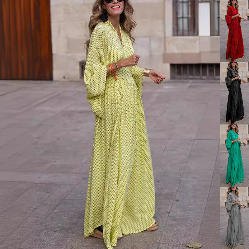 V-neck Bat-sleeved Long Dress Fashion Loose Waist-tighted Long Sleeve Dresses For Womens Clothing