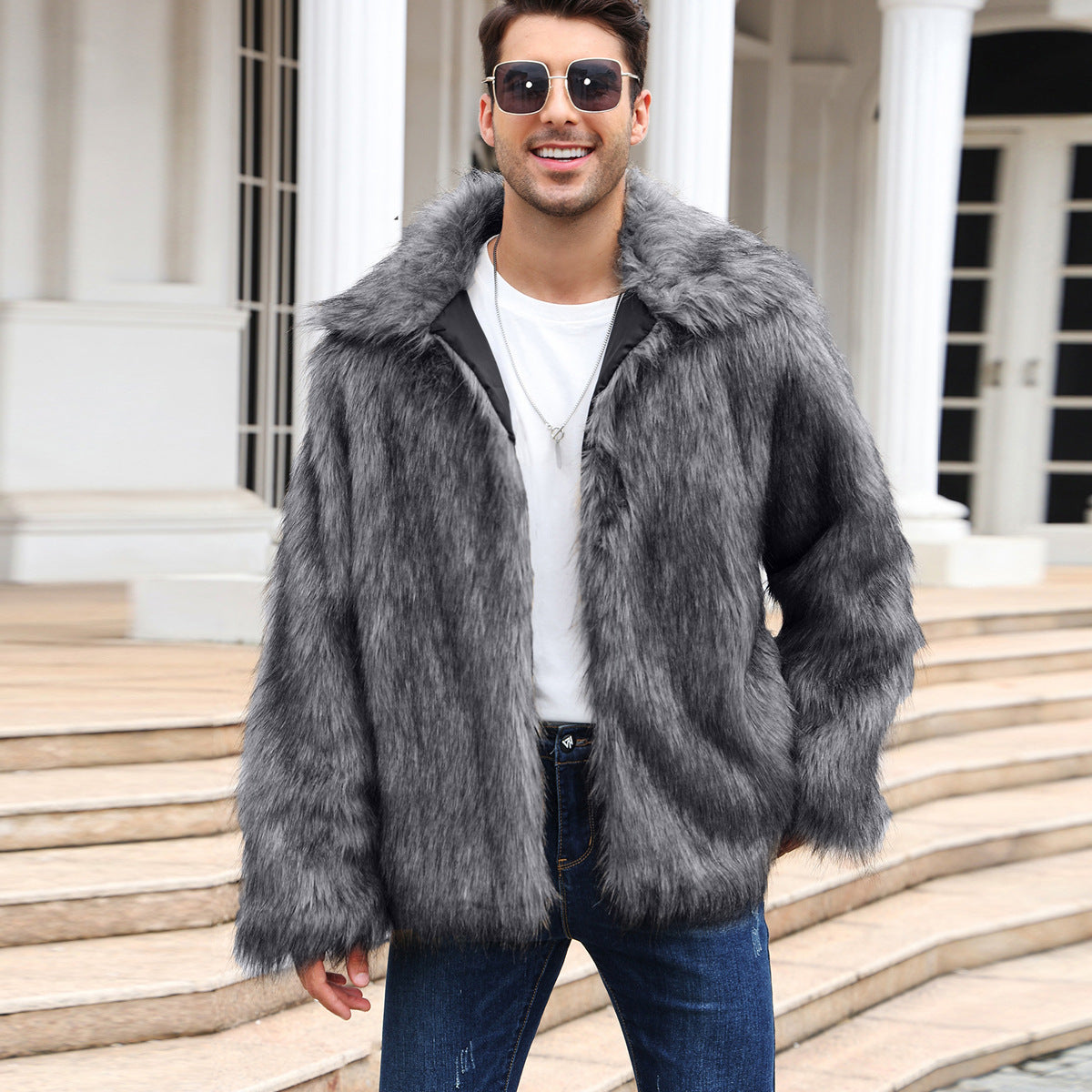 European And American Men's Lapel Short Faux Fur Jacket Warm Coat Overcoat