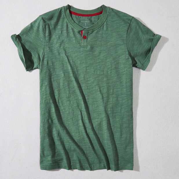 Half-open Slub Cotton Solid Color Half Sleeve T-shirt