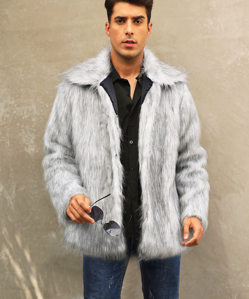 European And American Men's Lapel Short Faux Fur Jacket Warm Coat Overcoat