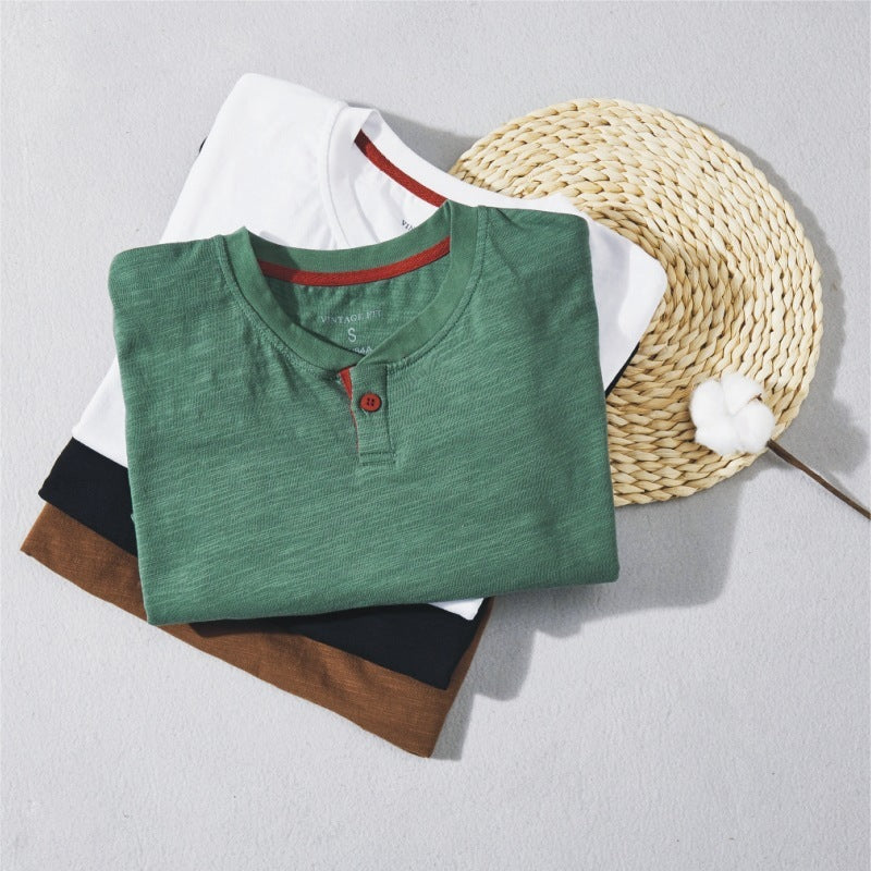 Half-open Slub Cotton Solid Color Half Sleeve T-shirt